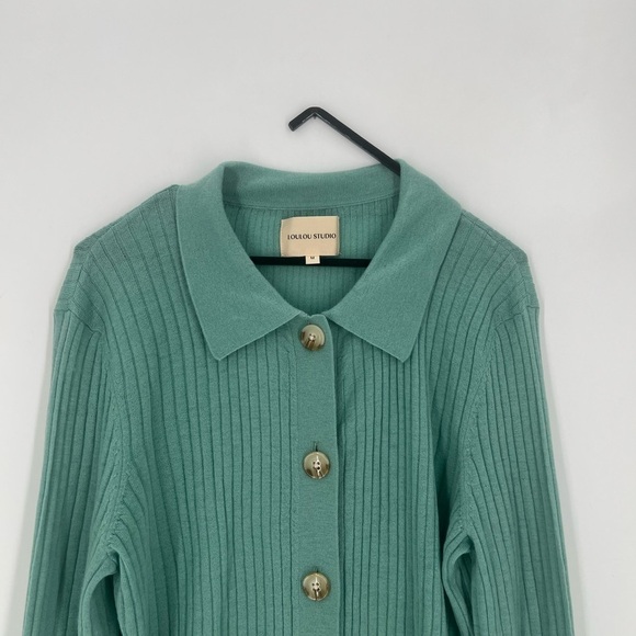 Loulou Studio Biola Ribbed Knit Longline Polo Sweater Top Cardigan In Green - Picture 2 of 7